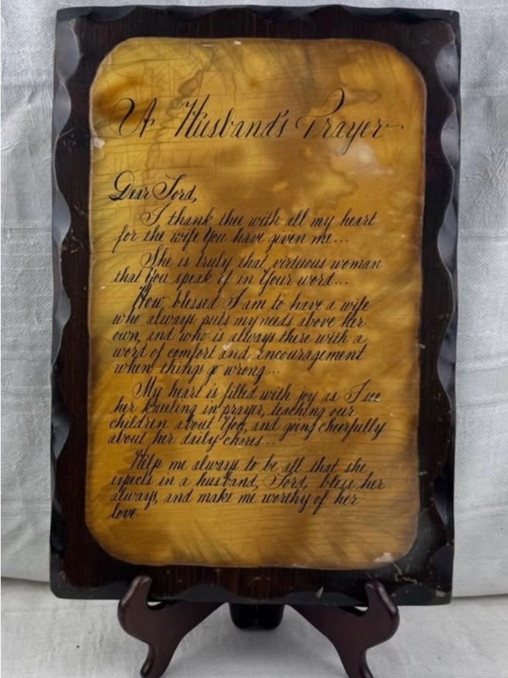 VTG Lacquered Decoupage Wooden A Husband’s Prayer Dedicated To Wife Folk Art